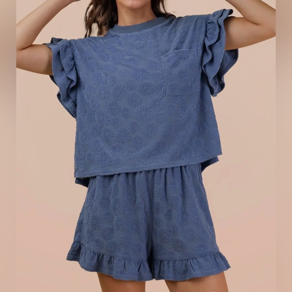 Floral Textured Ruffle Knit Top & Short Set - Denim